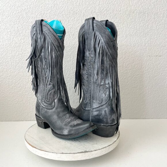 Lane SENITA FALLS Womens Cowboy Boots 7.5 Black Gray Fringe Western Cowgirl Tall